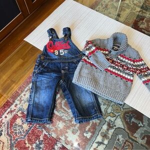 Oshkosh Embroidered Overalls size 6-9months, sweater 12 M.
